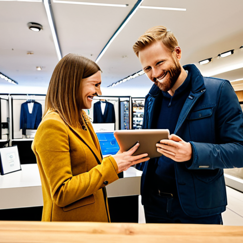 Personalized Shopping Experience**
"A bright and modern Swedish department store interior, showcasing a customer receiving a personalized product recommendation from a friendly sales associate using a tablet. The store features stylish displays and comfortable seating. The customer is smiling and engaged. safe for work, appropriate content, fully clothed, professional photography, perfect anatomy, natural proportions, modest clothing, family-friendly, Swedish design aesthetic."
**