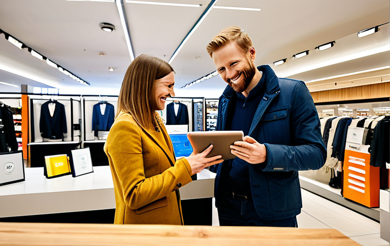 Personalized Shopping Experience**
"A bright and modern Swedish department store interior, showcasing a customer receiving a personalized product recommendation from a friendly sales associate using a tablet. The store features stylish displays and comfortable seating. The customer is smiling and engaged. safe for work, appropriate content, fully clothed, professional photography, perfect anatomy, natural proportions, modest clothing, family-friendly, Swedish design aesthetic."
**