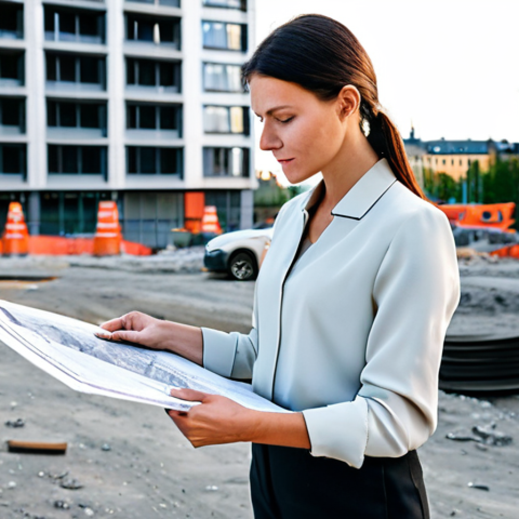 **
"A professional female architect, fully clothed in a stylish but modest outfit consisting of dark trousers, a light-colored blouse and a blazer, reviewing blueprints on a construction site in Stockholm, Sweden. Modern buildings in the background. Safe for work, appropriate content, perfect anatomy, correct proportions, natural pose, well-formed hands, proper finger count, natural body proportions, high quality, professional photography, family-friendly, daylight."
**