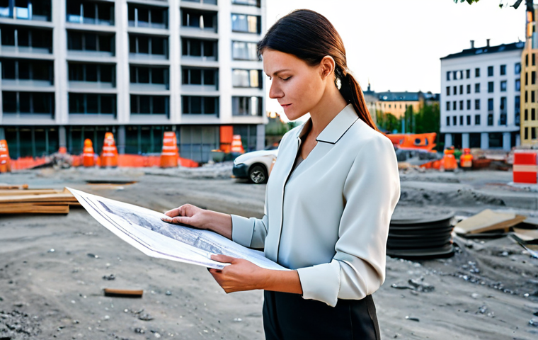 **
"A professional female architect, fully clothed in a stylish but modest outfit consisting of dark trousers, a light-colored blouse and a blazer, reviewing blueprints on a construction site in Stockholm, Sweden. Modern buildings in the background. Safe for work, appropriate content, perfect anatomy, correct proportions, natural pose, well-formed hands, proper finger count, natural body proportions, high quality, professional photography, family-friendly, daylight."
**