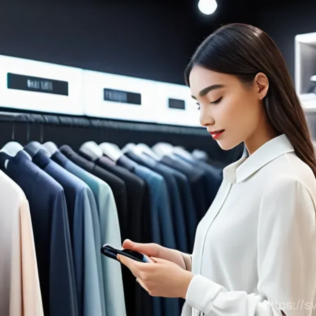 옴니채널 고객 여정의 디지털화 - A young adult, casually but stylishly dressed in a modern clothing store. They are standing in front...