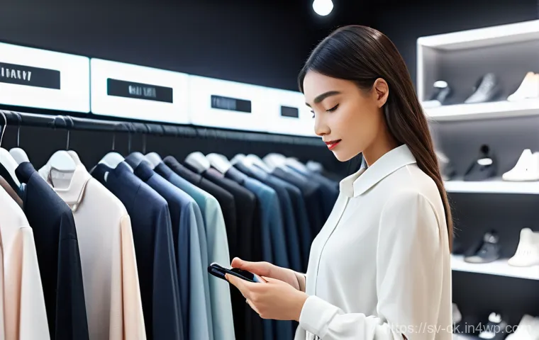 옴니채널 고객 여정의 디지털화 - A young adult, casually but stylishly dressed in a modern clothing store. They are standing in front...