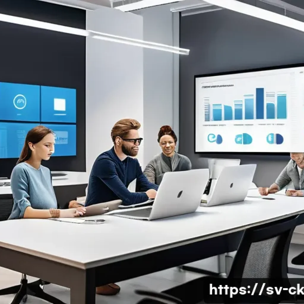 옴니채널에서의 세일즈 데이터 통합 방법 - A modern office environment showcasing a diverse team of professionals collaborating around a large ...