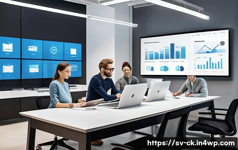 옴니채널에서의 세일즈 데이터 통합 방법 - A modern office environment showcasing a diverse team of professionals collaborating around a large ...