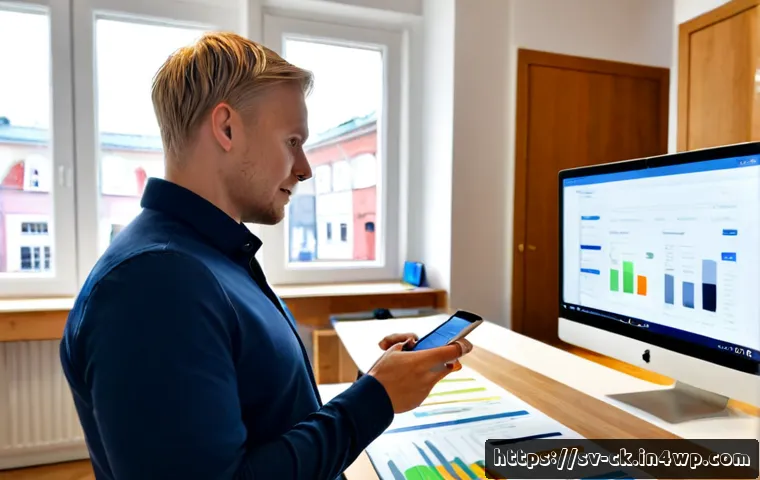 Home 17 옴니채널에서의 고객 여정 분석 도구 - Photorealistic Scandinavian retail analyst in a bright Stockholm-style office, examining a clean cus...