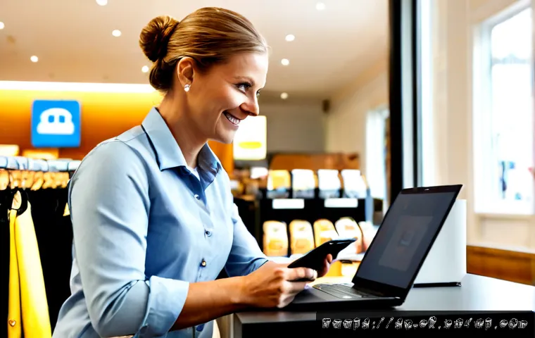 옴니채널 고객 관계 관리의 장점 - Photorealistic Swedish retail customer service scene, friendly middle-aged employee assisting a cust...